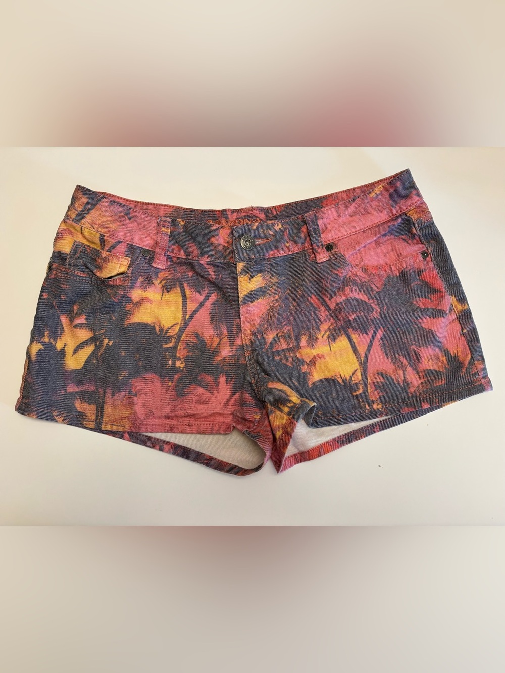 Arizona Sunset Palm Print Denim Shorts - Pink & Orange